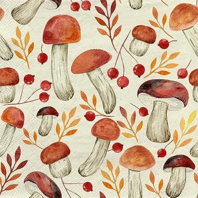 Image de Lot de 20 serviettes en papier recyclé Motif champignons et feuilles d&#039;automne 33 x cm