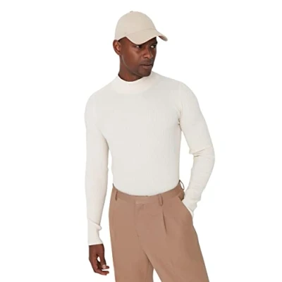 Image de Trendyol Pull Slim uni à col Montant Maillot de survêtement, Ecru, S Homme