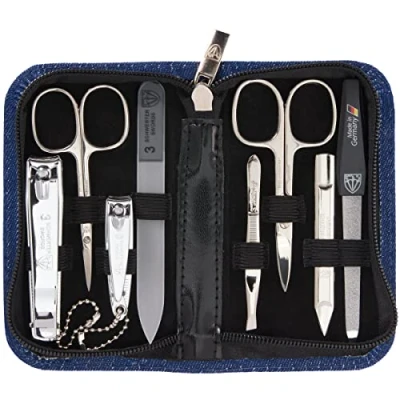 Image de DREI SCHWERTER Kit de manucure « Roma » Étui à ongles avec 8 instruments : ciseaux ongles, cuticules, coupe pied/doigt, cure pince épiler, lime en verre,