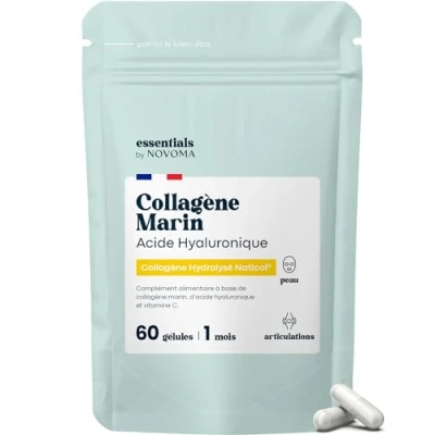 Image de Collagène Marin + Acide Hyaluronique, Peau Hydratée Et Articulations Fortes, Cure de 1 mois, 60 Gélules, Hydrolysé Type Naticol®, Vitamine C, Made in France, Essentials by Novoma