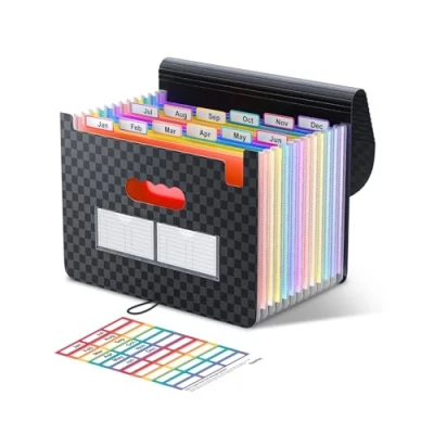 Image de ThinkTex Classeur Accordian A4 12 poches Chemise à Dossier Extensible, Couverture Boîte de Classement Portable,Classeurs Accordéon Bureau, Bloc noir