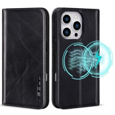 Image de VS VISOUL Étui en Cuir pour iPhone 16 Pro, Housse Portefeuille Véritable avec Porte Cartes Fermeture Magnétique Fonction de Support Compatible Pro (6.3 Pouces) Noir
