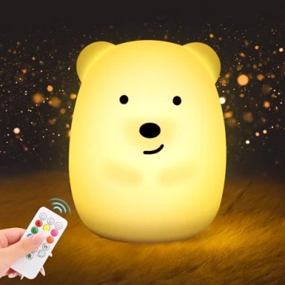 Image de Veilleuse Bébé Ours, 9 Couleurs 3 Modes Enfant, en Silicone, Led Rechargeable, avec Fonction Minuterie, Télécommande, Tactile pour Enfant Chambre Cadeau