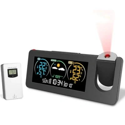 Image de Réveil de projection, station météo avec capteur extérieur, projecteur chambre à coucher, horloge intensité variable, double alarme, affichage LCD, date, heure, température, humidité prévisions