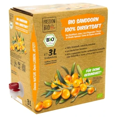 Image de Jus direct d&#039;argousier Bio, 3 litres Issu de la culture allemande sans sucre ajouté, édulcorants (conformément à législation).