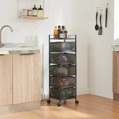 Image de [en.casa] Chariot de Service à 5 Niveaux Desserte roulettes avec Paniers Dépliables Meuble Rangement pour Cusine Salle Bain Bureau Acier 95 x 27 cm Noir