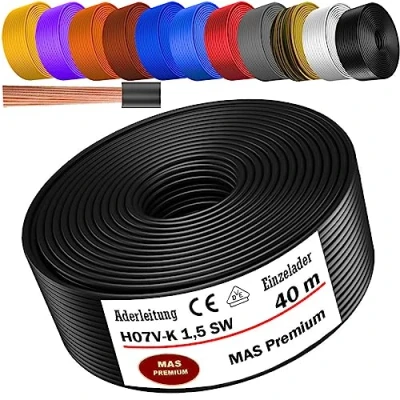 Image de Câble conducteur H07 V K de 5 à 100 m 1 x 1,5 mm² Noir bleu clair vert/jaune vert rouge foncé marron orange gris blanc violet outremer ou jaune Fil simple flexible (noir, 40 m)