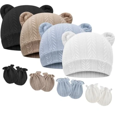 Image de DRESHOW Bonnets de Naissance et Moufles Protection Bébé Gants Bonnet Nouveau né Bambin Doux Mignon Tricoté Chapeau 0 6 Mois, Taille unique,4 Sets: Bear Ears Hats &amp; Mittens 03UK
