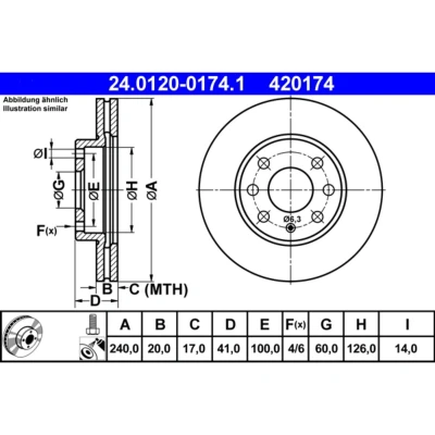 Image de ATE 24.0120 0174.1 Disque de frein 240,0 20,0 4 100,0 ventilé revêtu avec vis/boulons OPEL: Corsa C 3/5 portes, С Van, VAUXHALL: Mk2