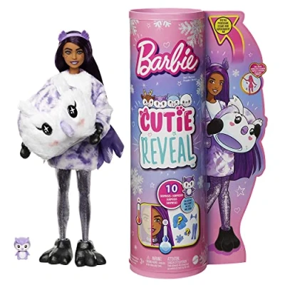 Image de Barbie Poupée Mannequin Cutie Reveal Snowflake Sparkle avec Costume de Chouette et 10 Surprises, Dont éléments Qui changent Couleur, Jouet Enfant, Dès 3 Ans, HJL62