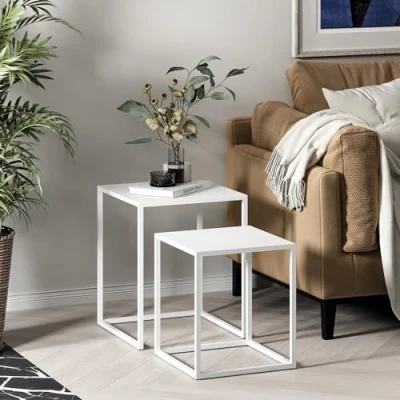 Image de [en.casa] Set de 2 Tables D&#039;Appoint Gigognes pour Salon Lot Petites Carrées Tailles Différentes Basses Ensemble Bouts Canapé Acier Blanc Mat