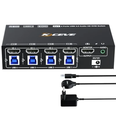 Image de commutateur KVM HDMI 2.1 8K@60Hz 4 PC, YOUTINGHDAV ports, émulateur EDID, 4K @ 120 Hz 1 moniteur partage souris, clavier, avec