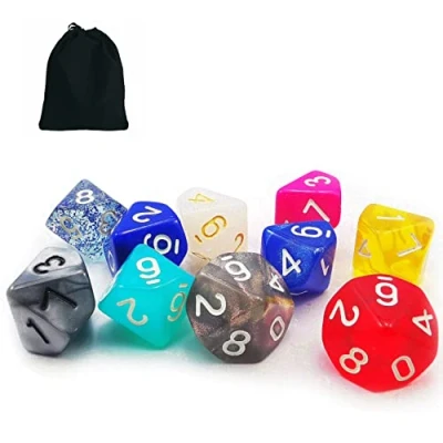 Image de Bescon 10pcs Set of 10 Sided Dice (Number 0 9), Count Assorted Random Multi Effected&amp;Colored Pack D10 in Drawstring Pouch