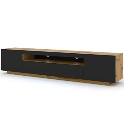 Image de Lowboard Aura Armoire TV, 200 cm, à suspendre ou poser, basse, buffet, meuble HiFi, table, (chêne artisanal et noir mat, sans LED)