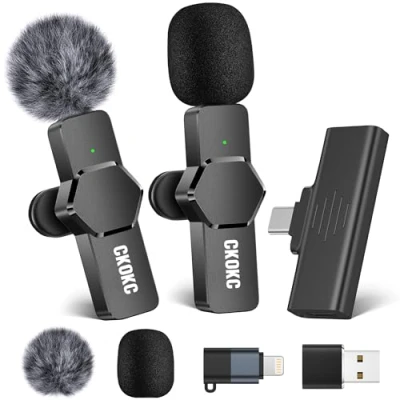 Image de CKOKC microphone Lavalier sans fil pour iPhone, appareil photo Android, mini streaming en direct, enregistrement vidéo, interviews plein air ou intérieur, YouTube, TikTok, Vlog