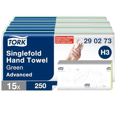 Image de Tork Essuie mains pliés en V vert H3, Papier d&#039;essuyage de qualité Advanced pour Distributeur d’essuie mains, Absorbant et indéchirable, 2 plis, 15 x 250 feuilles, 290273