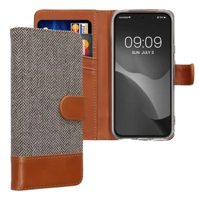 Image de kwmobile Coque Portefeuille Compatible avec Google Pixel 8a Étui à Rabat Simili Cuir Compartiment Cartes Gris Clair Marron