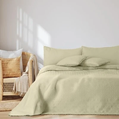 Image de AmeliaHome Couvre lit Double Face avec Pompons 200 x 220 cm Matelassage ultrasonique Polyester Meadore Beige