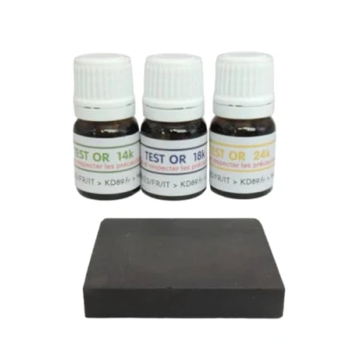 Image de KD89 Assortiment de réactifs/solutions pour tester l&#039;or 14 18 24 carats Avec pierre touche naturelle et notice multi langues Expertise bijoux, pièces, lingotins 2,5ml