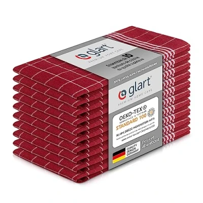 Image de Glart 48RI2 Lot de 10 torchons cuisine, 50x70 cm, 100% coton certifié OEKO TEX Standard 100, rouge, prélavés, pour la cuisine et vaisselle