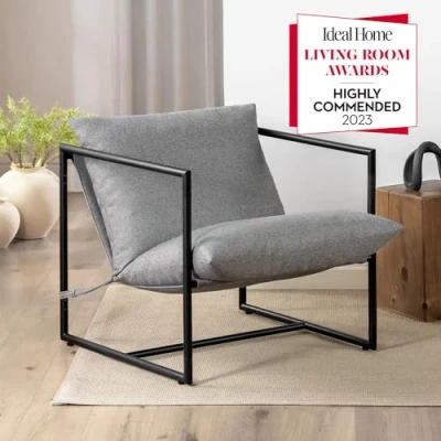 Image de ZINUS Aidan Fauteuil d’exception style suspendu, avec structure en métal et coussins remplis de flocons mousse, Montage facile sans outils,Fauteuil livré dans une boîte compacte, Gris clair