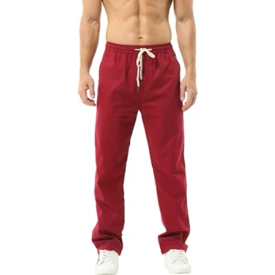 Image de Hoerev Lin Pantalons décontractée de Plage été,XXL,Rouge Foncé
