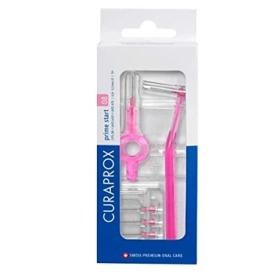 Image de Kit De Démarrage Brossettes Interdentaires Curaprox Cps 08 Prime Iso Taille 1, Rose Comprend 5 Et 2 Supports Pour Un Nettoyage Efficace Des Espaces Étroits Fabriqué en Suisse