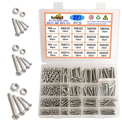 Image de huruirui Jeu d&#039;écrous et de boulons M3 M4 M5 M6 304 vis à tête ronde en acier inoxydable kit pour machine hexagonale avec boîte rangement 320pcs