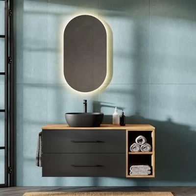 Image de Planetmöbel Lux Ensemble de meubles salle bain avec meuble bas 120 cm, lavabo à poser et 42 cm noir, chêne doré/anthracite