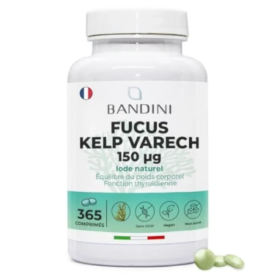 Image de Bandini® Fucus Algue Varech (Iode Naturel) 365 Comprimés 150 mcg d&#039;Iode issu d’algues brunes (Couverture 1 An) Standardisé à 0,1% en Iode Métabolisme Énergétique, Ongles et Cheveux Sans OGM