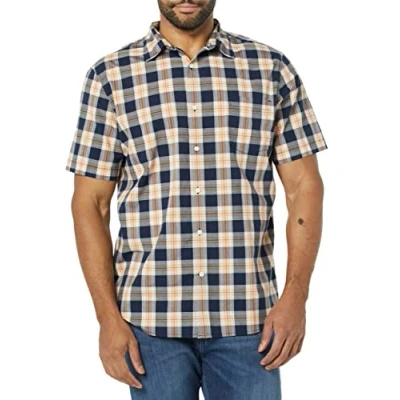 Image de Amazon Essentials Chemise en Popeline à Manches Courtes Coupe Ajustée Homme, Bleu Marine Or Écossais, XS