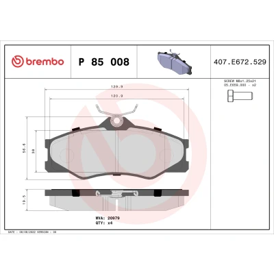 Image de BREMBO P 85 008 Jeu de plaquettes frein contact signal d&#039;usure exclu avec vis d&#039;étrier sans accessoires VOLKSWAGEN: TRANSPORTER 3