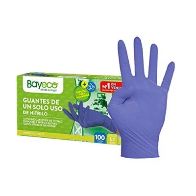 Image de Bayeco Gants en nitrile à usage unique Bleu Ambidextres Bordure enroulée Doigts texturés pour une meilleure prise main Lot de 100 Taille L