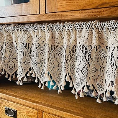 Image de ACMHNC Rideau Brise Bise Transparent Boho Style de Cuisine Court Rétro Chic Décoration Fenêtre en Dentelle Crochet Demi 1 Pièce,Beige,W x H 210 38 cm