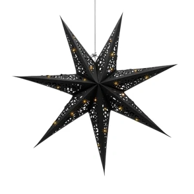 Image de Étoile LED en papier à suspendre Noir Diamètre : 60 cm Éclairage décoratif de Noël Blanc chaud l&#039;Avent Lampe d&#039;ambiance pour Noël, et hiver