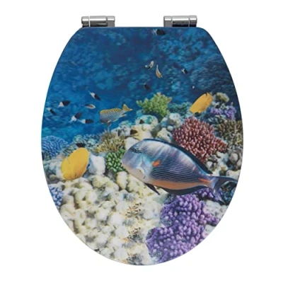 Image de WENKO Abattant WC Poisson 3D avec système d&#039;abaissement Automatique, Fixation hygiénique Fix Clip en Zinc moulé sous Pression Multicolore
