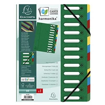 Image de Exacompta Réf. 55123E 1 trieur HARMONIKA avec élastiques et fenêtres découpées couverture en carte lustrée dos extensible 12 compartiments pour A4 dim 24,5 x 32 cm couleur vert