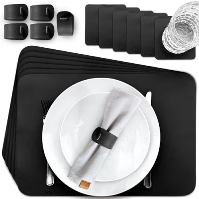 Image de MIQIO Lot de 18 sets table en cuir synthétique Lavables 6 table, dessous verre, ronds serviette Noir Rectangulaires