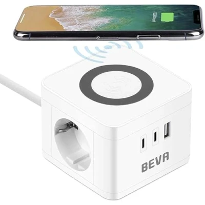 Image de BEVA Cube Multiprise USB 2 Prises avec C+1 A, 5V/2.4A Electrique Chargeur sans Fil 10W Universel Qi Multiprises Parafoudre de Voyage Interrupteur Cable 1.5m