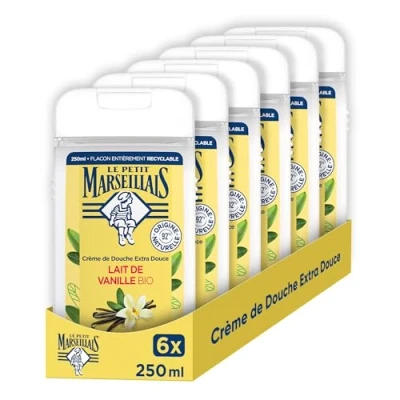 Image de Le Petit Marseillais Crème de Douche Extra Douce Lait Vanille Bio (lot 6 flacons 250 ml) 92 % d&#039;ingrédients d&#039;origine naturelle Flacon entièrement recyclable