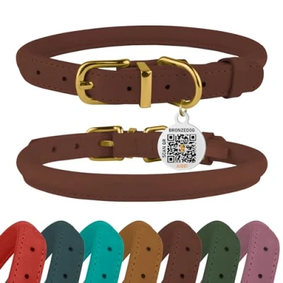 Image de BRONZEDOG Collier en Cuir Roulé pour Chien avec Étiquette D&#039;Identification QR Colliers Ronds Souples Ajustables Petits Moyens Grands Chiens Chiot Chat (Cognac, 40 48 cm)