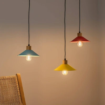Image de Plafonnier araignée 3 lampes Prismol Bois Naturel et Métal Jaune, Bleu Vert Menzzo
