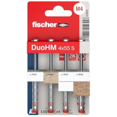 Image de fischer DuoHM 572914 Lot de 4 chevilles à cavité x 55 S TX avec vis tête bombée métrique et entraînement pour fixation supports TV, lumières, étagères murales, etc. dans des matériaux