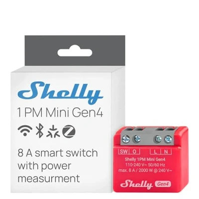 Image de Shelly 1PM Mini Gen4 Interrupteur Matter, Zigbee, Wi Fi, 1 Canal 8A, Mesure de consommation électrique, Éclairage connecté, Contrôle app, Compatible avec Apple Homekit, Alexa, Google, SmartThings