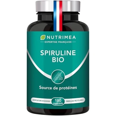 Image de Spiruline BIO Sans Excipients &amp; OGM 19% de Phycocyanine Riche en Protéines, Fer Antioxydants Nutrimea 180 Comprimés Vegan 500 mg 2 Mois Cure Fabriqué France