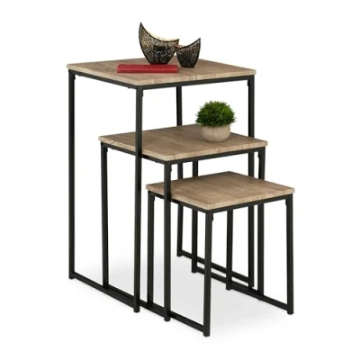 Image de Relaxdays Lot de 3 Tables d’appoint, empilables, Tailles, carrées, métal, pour Le Salon, déco, Gris Noir