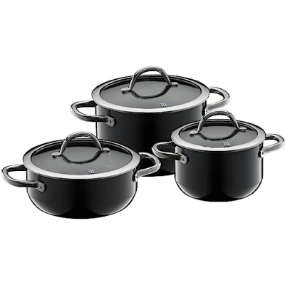 Image de WMF Fusiontec Inspire Lot de 3 casseroles à induction avec couvercle en verre, céramique high tech, anti rayures, non revêtu, noir, fabriqué Allemagne