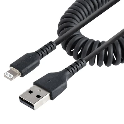 Image de StarTech.com Câble USB vers Lightning de 1m Certifié Mfi Adaptateur Noir, Gaine en TPE Cordon Chargeur Iphone/Lightning Spiralé Fibre Aramide Très Résistant (RUSB2ALT1MBC)