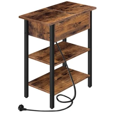 Image de HOOBRO Table d&#039;Appoint, Bout de Canapé Rabattable avec Multiprise et Étagères Rangement, Chevet Fine pour Petit Espace, Style Industriel, Salon, Chambre, Marron Rustique EBF342BZ01