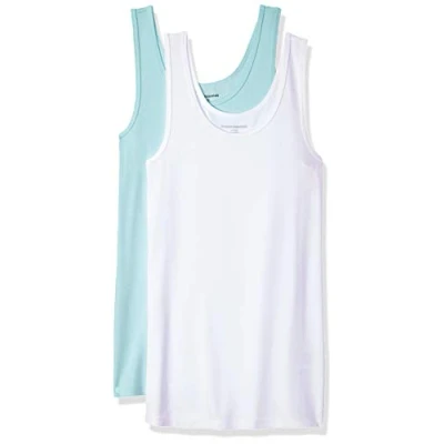 Image de Amazon Essentials Débardeur en Coupe cintrée Femme, Lot de 2, Blanc/Bleu des Mers du Sud, M